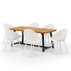 Christopher Knight Home Virella 7 Pieces Outdoor Modern Acacia Wood and Polypropylene Dining Set - 1 of 4