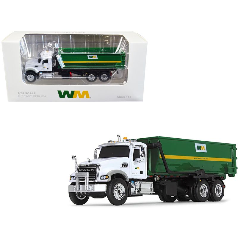 Mack Granite MP Garbage Truck w/Tub-Style Roll-Off Container Waste Management White & Green 1/87 HO Diecast Model by First Gear, 1 of 4