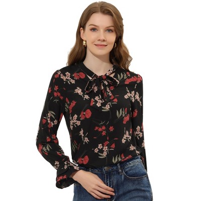 Allegra K Women's Floral Tie V Neck Chiffon Ruffle Trumpet Sleeve Blouse
