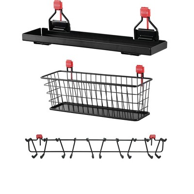 Rubbermaid Metal Outdoor Storage Accessory Shelf (1 Pack); Mounted Wire Basket Organizer Shelf (1 Pack); 34 Inch 50 Pound Capacity Tool Rack (1 Pack)