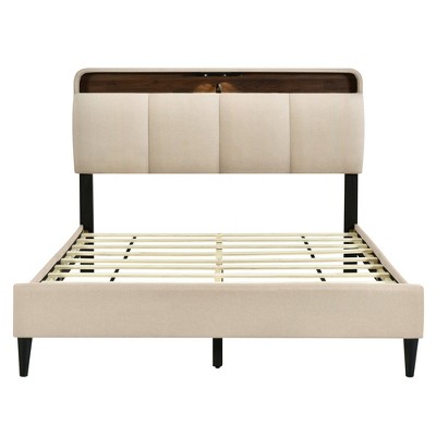 HomeRoots Beige Tufted Upholstered Queen Bed Frame With USB