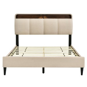 HomeRoots Beige Tufted Upholstered Queen Bed Frame With USB - 1 of 4