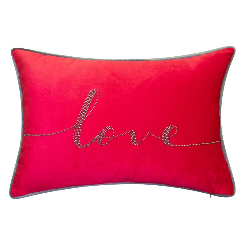 12"x18" Poly-Filled Beaded 'Love' Luxe Velvet Lumbar Throw Pillow - Edie@Home, 1 of 5