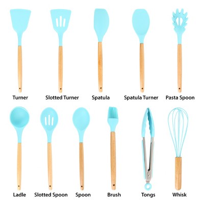 MegaChef Light Teal Silicone and Wood 12-Piece Cooking Utensil Set