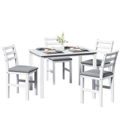 5 Piece Dining Table Set, Dining Room Table Set With Rectangle Table, 4 Upholstered Stools, Rubber Wood Space Saving Table Chair Set For Dining Room