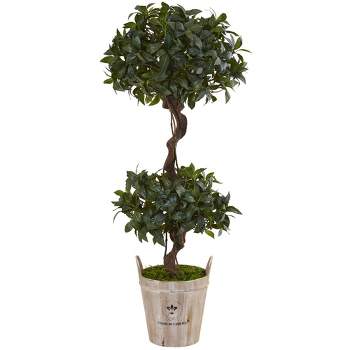 4.5' Artificial Sweet Bay Double Topiary Tree in Farmhouse Planter