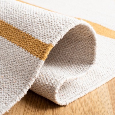 Ivory and Gold Handwoven Cotton Striped Area Rug, 5' x 8'