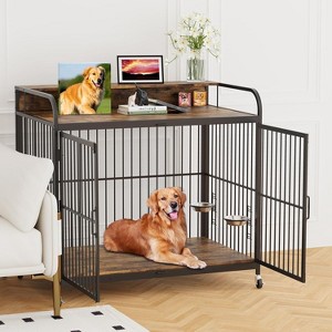 Furniture Style Wooden Dog Crate with Wheels, Dual Bowls & Washable Mat, Heavy-Duty End Table Pet Kennel for Large Dogs - 1 of 4