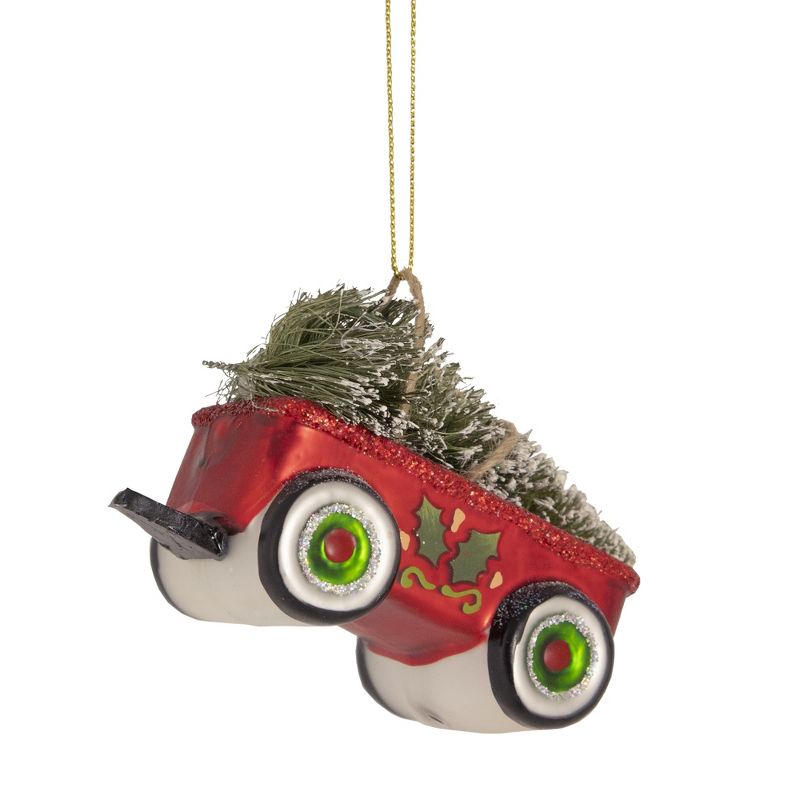 NORTHLIGHT 4.5" Glittered Glass Wagon with Tree Christmas Ornament - Red/Green, 3 of 4