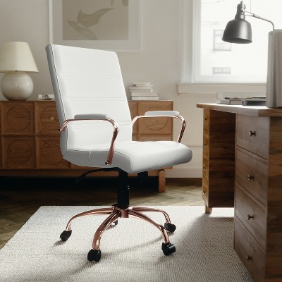 Mid-Back White LeatherSoft Executive Chair with Rose Gold Metal Base