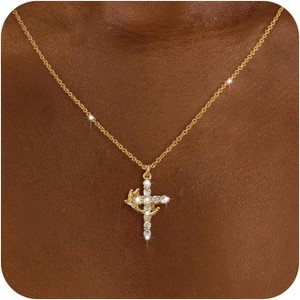 "14K Gold Diamond Cross Necklace for Women, Dainty Cubic Zirconia Pendant, Cute Tiny Gold Jewelry Gift" - 1 of 4