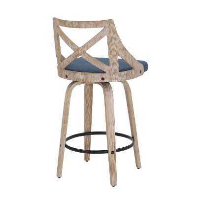 Set of 2 Blue Swivel Counter Height Stools with Wood Frame
