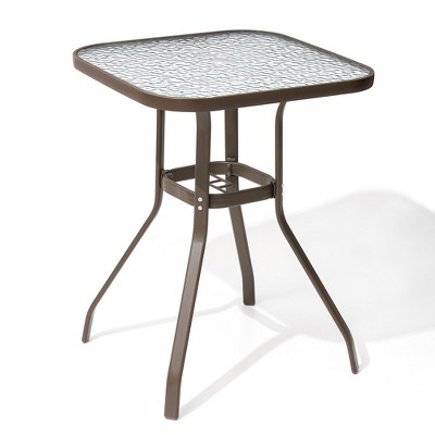 Crestlive Products Outdoor Bar Table with Umbrella Hole Patio Dining Bistro Table with Aluminum Frame Tempered Glass Top Outside Banquet Furniture