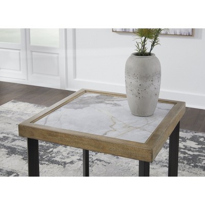 Beige and Black Square Wood and Stone End Table