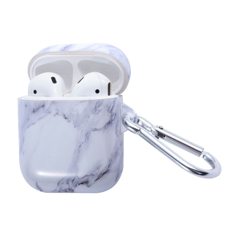 Insten Case Compatible with AirPods 1 & 2 - Smooth Marble Pattern Skin Cover with Keychain, White, 3 of 7