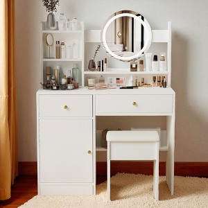 Fashion Vanity Desk with Mirror and Lights, Makeup Table Set with Adjustable 3-Color Lighting and Cushioned Chair - 1 of 4