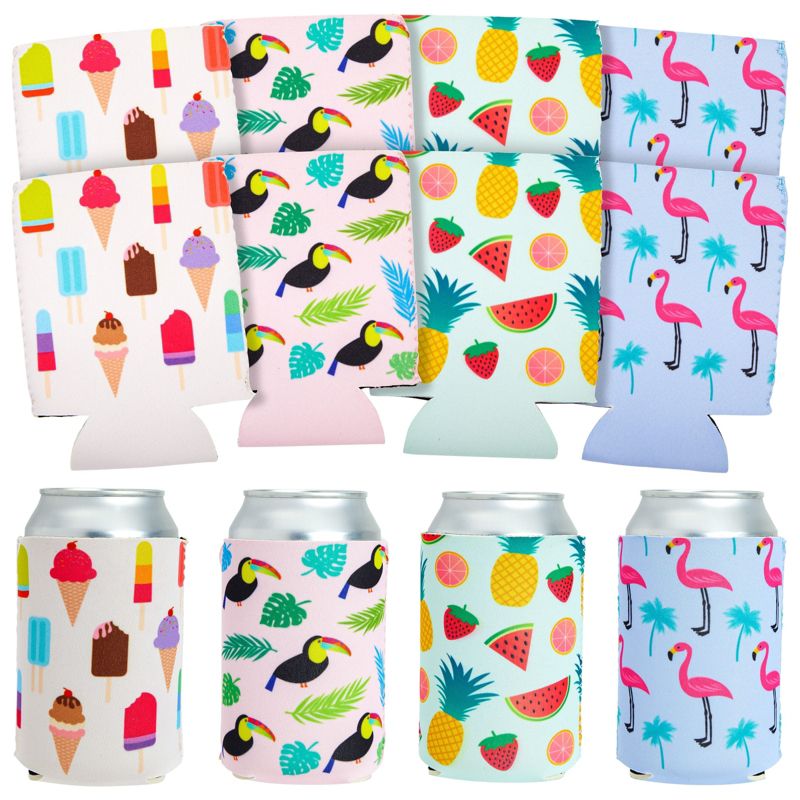 Blue Panda 12 Pack Tropical Neoprene Can Cooler Sleeves for Bottles, Soda Covers for Party (4 Designs, 12 oz), 1 of 10