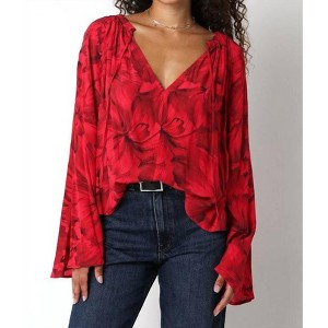 Women's Floral Flowy Sleeve Top - OLIVACEOUS - 1 of 4