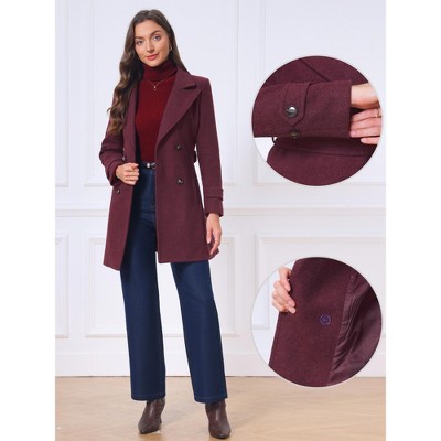 Женские куртки INSPIRE CHIC Women's Lapel Collar Long Sleeves Double-Breasted Elegant Office Work Pea Coats with Belt Small Burgundy — фото 2