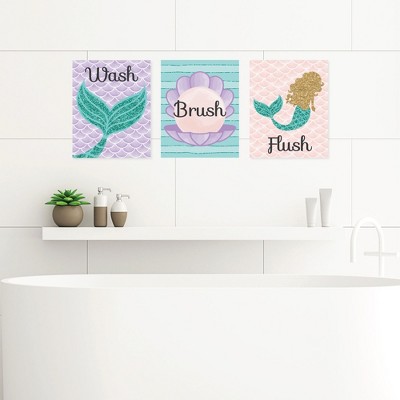 Big Dot of Happiness Let's Be Mermaids - Unframed Wash, Brush, Flush - Bathroom Wall Art - 8 x 10 inches - Set of 3 Prints