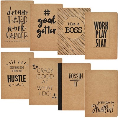 Paper Junkie 8-Pack Soft Cover Lined Kraft Motivational Journal Notebooks, 80 Pages, 8 Designs, 8 x 5.5 inches