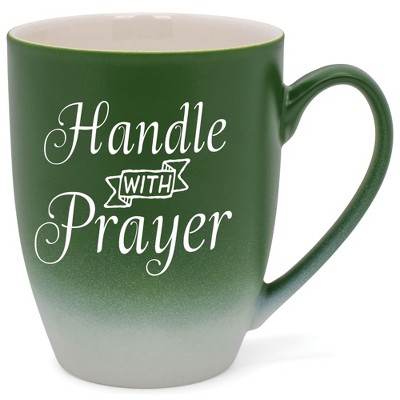 Elanze Designs Handle With Prayer Two Toned Ombre Matte Green and White 12 ounce Ceramic Stoneware Coffee Cup Mug