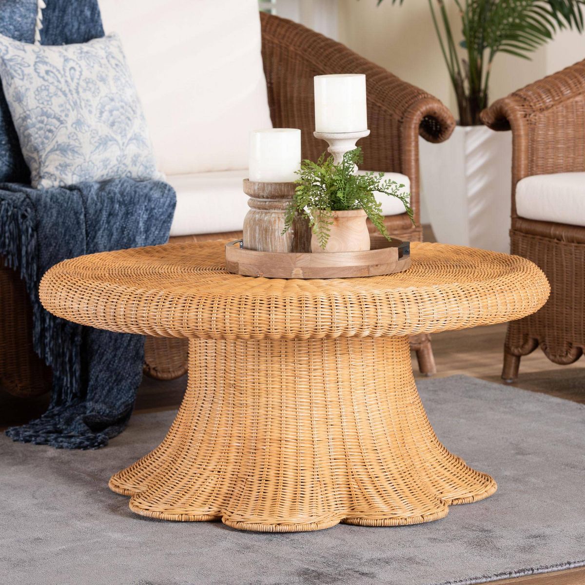 bali & pari Avalon Natural Rattan Round Coffee Table with Scalloped Pedestal Base Light Honey - thumbnail 3