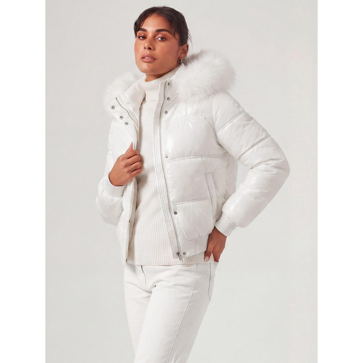 Женские куртки INSPIRE CHIC Faux Fur Trim Hooded Cropped Hidden Button Zip Up Elastic Hem Quilted Coats X Small White, цвет: Белый — фото 4