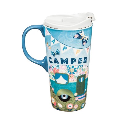 Evergreen Ceramic Travel Cup, 17 OZ. ,w/box, Happy Camper