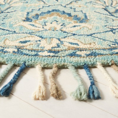Blue Floral Round Hand Tufted Wool Area Rug