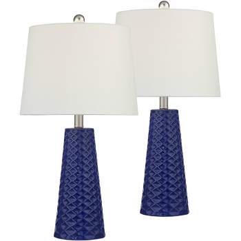 360 Lighting Ricky Modern Table Lamps 24" High Set of 2 Deep Blue Triangle Textured Ceramic White Fabric Tapered Drum Shade for Bedroom Living Room