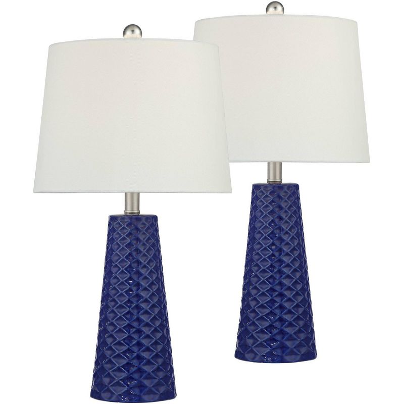 360 Lighting Ricky Modern Table Lamps 24" High Set of 2 Deep Blue Triangle Textured Ceramic White Fabric Tapered Drum Shade for Bedroom Living Room, 1 of 8