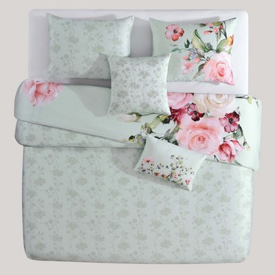 Queen Misty Green Cotton Reversible Floral Comforter Set