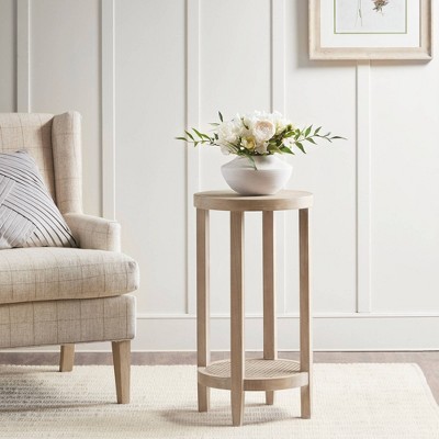 Harley Round Wheat Wood Accent Table with Rattan Shelf