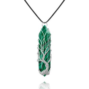 Wire Wrapped Crystal Pendant Necklace Hexagonal Quartz Healing Jewelry Malachite-Silver-Leather Chain - 1 of 4
