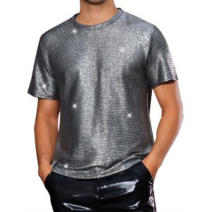 Lars Amadeus Men's Round Neck Short Sleeve Metallic Party Sparkly T-Shirts - 1 of 4