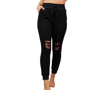 Women's Solid Knit Distressed Fitted Jogger - White Birch - 1 of 2