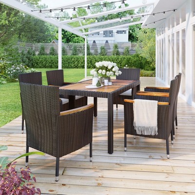7-Piece Brown and Acacia Wood Outdoor Patio Dining Set with Cushions
