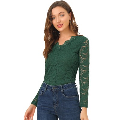 Allegra K Women's Floral Embroidery Sheer Long Sleeves Lace Blouse Dark  Green X-Small