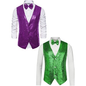 Lars Amadeus Men's Sparkle Sequin Sleeveless Waistcoat Set with Bow Tie 2 Packs - 1 of 4