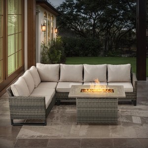 POCASSY All Weather Gray Wicker Outdoor Sectional Sofa with Fire Pit Table, 4PCS Patio Furniture Set with 41" Propane Firepit Table for Outside - 1 of 4