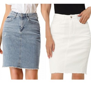 INSPIRE CHIC Women's Basic Distressed High Waist Ripped Hem Washed Jeans Skirt 2 Packs - 1 of 4