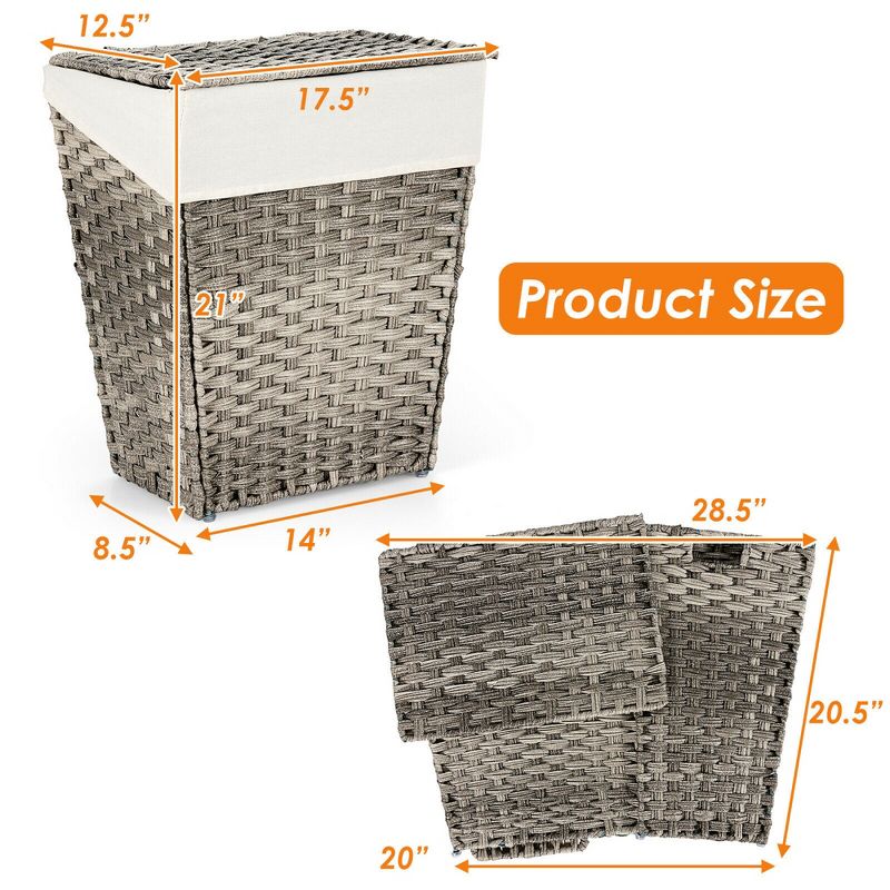 Costway Handwoven Laundry Hamper Foldable w/Removable Liner, Lid & Handles Brown/Grey, 5 of 11