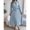 Women Pleated Dress Long Sleeve Stand Up Collar A-Line Flowing Dress With Belt - 3 of 4