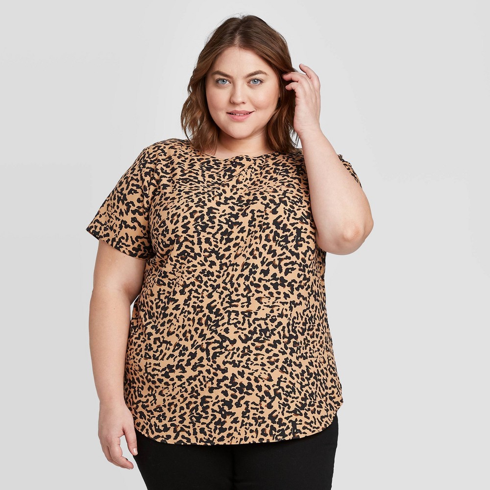 Women's Plus Size Animal Print Short Sleeve Crewneck Button Back Blouse - Ava & Viv Tan 2X, Brown was $24.99 now $17.49 (30.0% off)