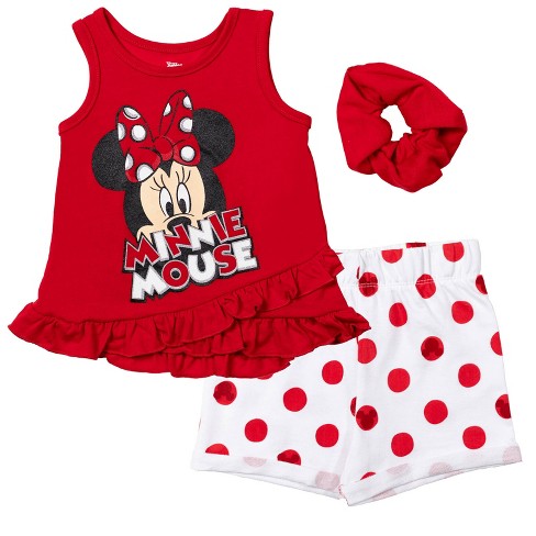 Disney Minnie Mouse Infant Baby Girls Crossover Tank Top French Terry Shorts and Scrunchie 3 Piece Outfit Set Polka Dots Red Sleeveless 18 Months