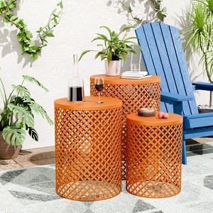 VisioGear Patio End Tables, 3-pcs Patio End Tables, Indoor Outdoor Nesting End Carved Trellis Design Side Table, Orange, 12.5"*12.5"*16.5" - 1 of 4