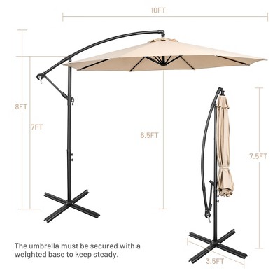 Beige 10' Iron Cantilever Patio Umbrella with Cross Base