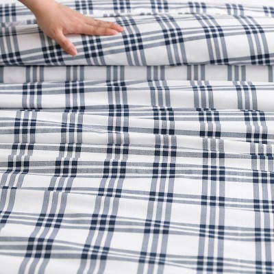 Navy Blue Plaid Cotton Full/Queen Duvet Set with Shams