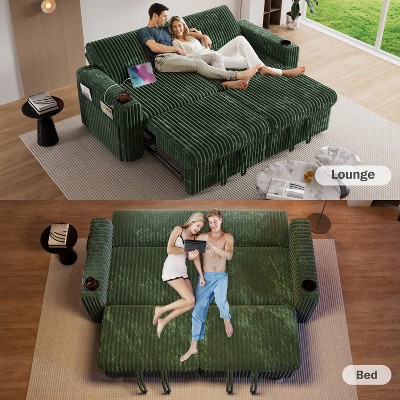 91" Sectional Sleeper Sofa: Pull-out bed, oversized loveseat with reclining backrest, USB ports, cup holders. Tool-free assembly